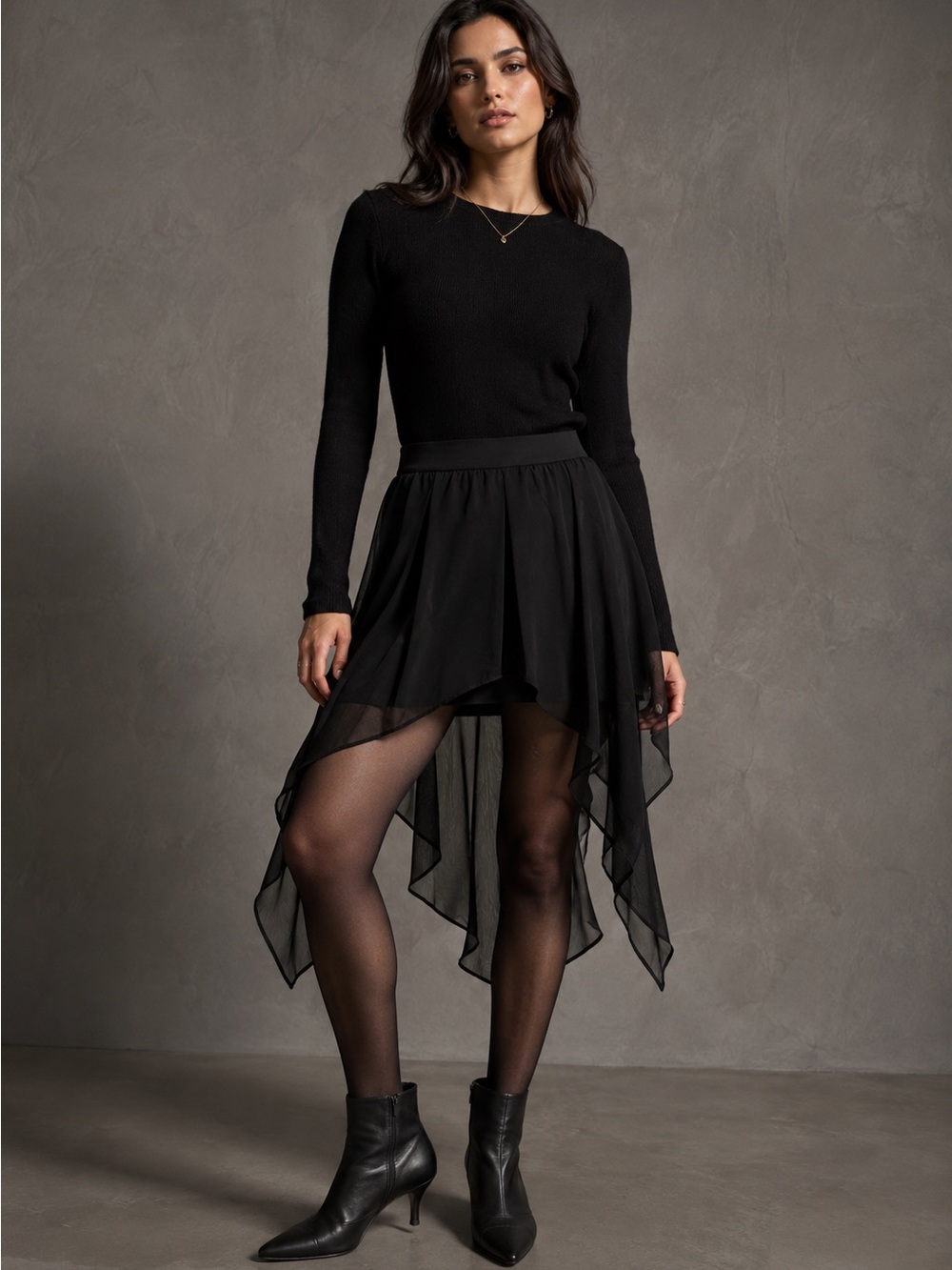 Stoosh Black Chiffon High Low Skirt Large L Handkerchief Hem Asymmetrical - Picture 2 of 11